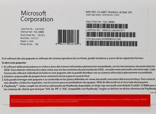 Paquet d'OEM de Windows 10 au détail de boîte de COA DVD de permis de FPP pro